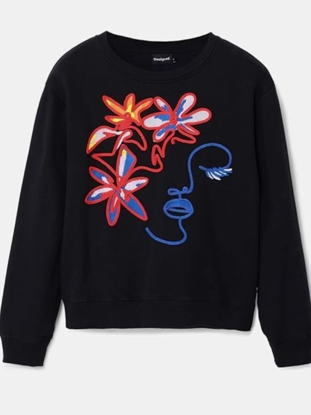 Desigual Black Crewneck Sweatshirt with Red and Blue Floral"Lady" arty print